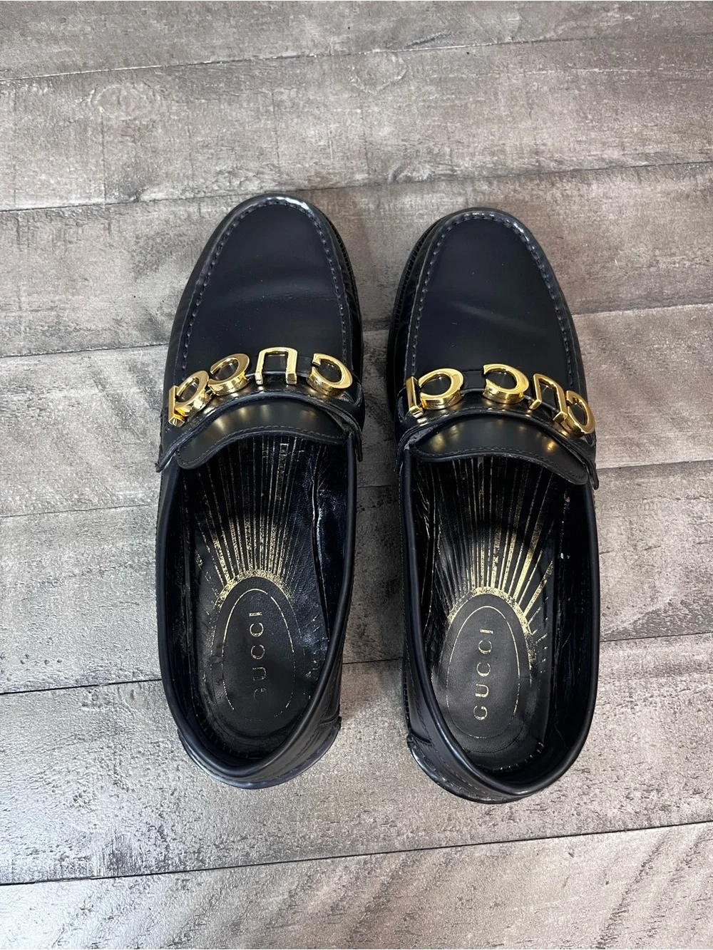 Gucci Cara Gold Logo Black Leather Men Loafers Shoes Size 9